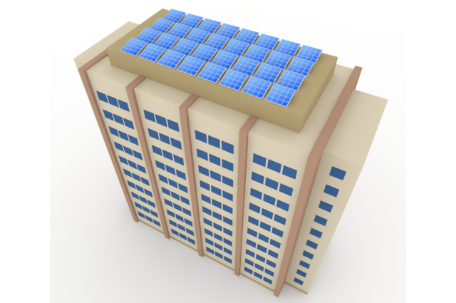 Desenho de um prédio com painéis solares fotovoltaicos na cobertura