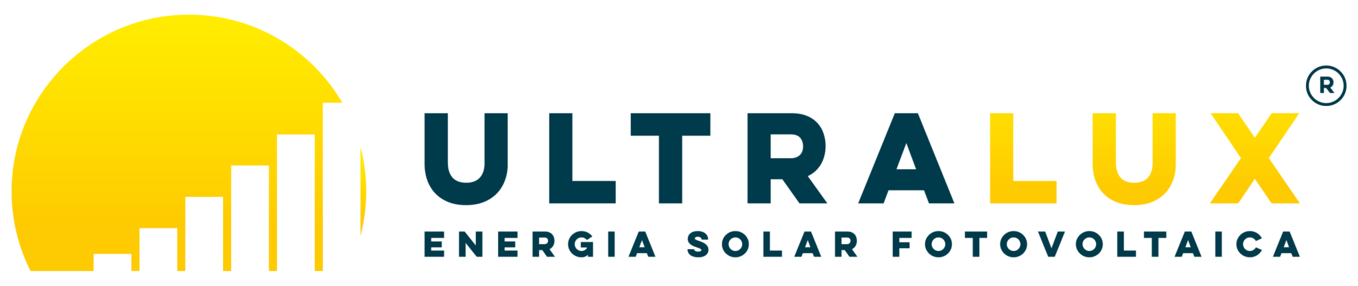 Logomarca Ultralux Energia Solar fotovoltaica com um símbolo representando um sol com um gráfico financeiro dentro demonstrando a evolução patrimonial de quem investe em energia solar fotovoltaica. O gráfico são várias torres que também podem ser entendidas o sol iluminando os prédios da cidade de São Paulo - SP